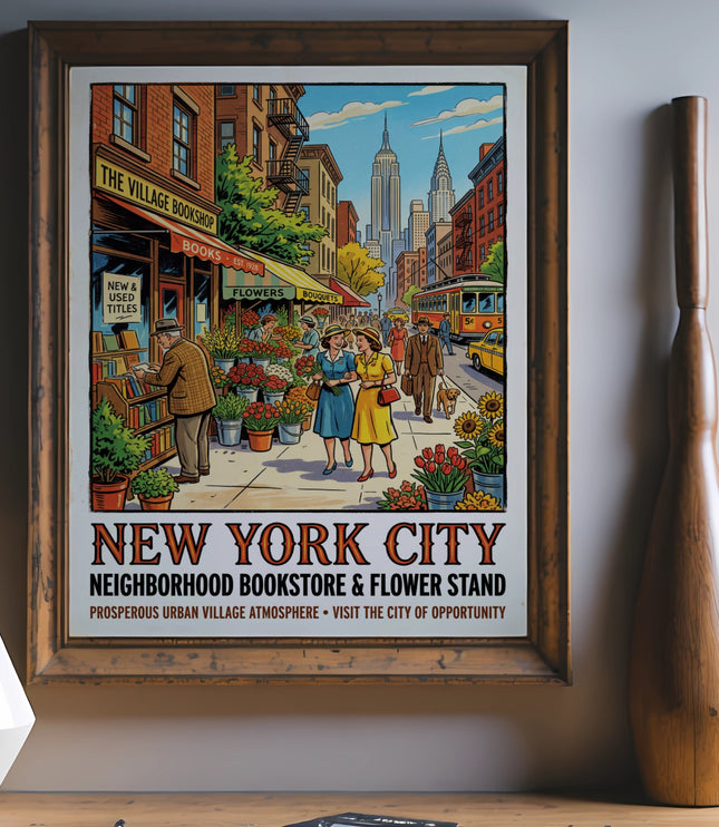 New York City vintage poster of a bookstore and flower stand on a city street.