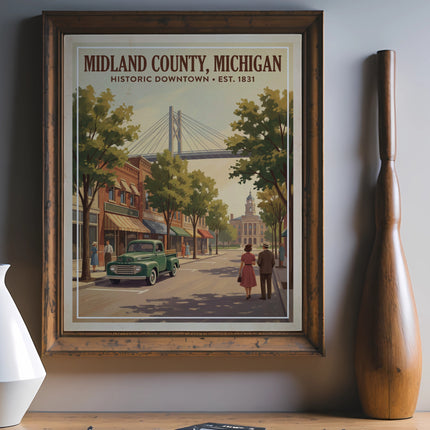 Midland County, Michigan historic downtown poster with vintage truck and bridge.