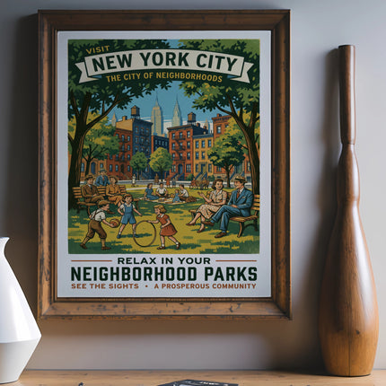 New York City poster with "Relax in Your Neighborhood Parks" text and park scene.