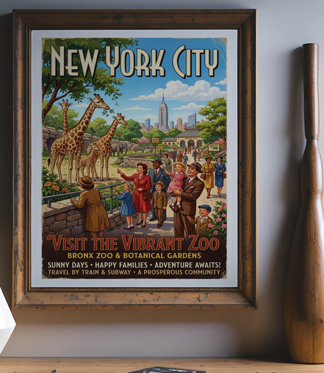 Vintage New York City travel poster featuring the Bronx Zoo and giraffes.