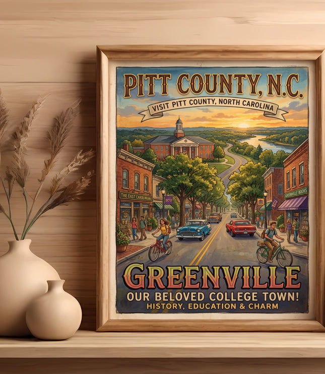 Pitt County, N.C. poster featuring Greenville, college town, with historic buildings and scenery.