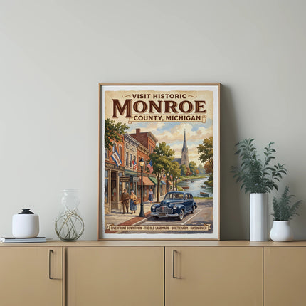 Vintage poster of Monroe County, Michigan, depicting Raisin River, historic buildings, and a classic car.