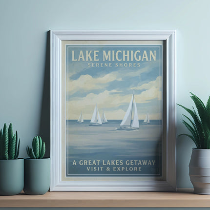 Lake Michigan Serene Shores travel poster with sailboats and text.