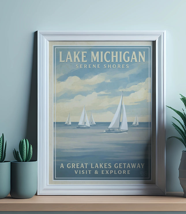 Lake Michigan Serene Shores travel poster with sailboats and text.