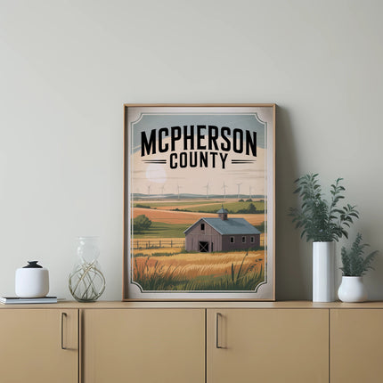 McPherson County barn and wind turbines in a framed landscape illustration.