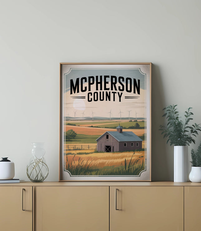 McPherson County barn and wind turbines in a framed landscape illustration.