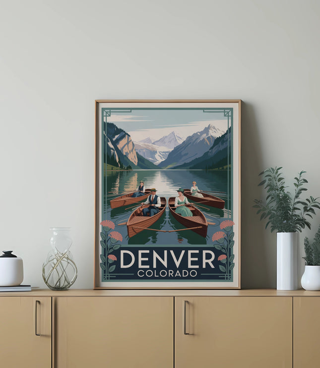 Vintage Denver Colorado poster with people in rowboats by a lake.