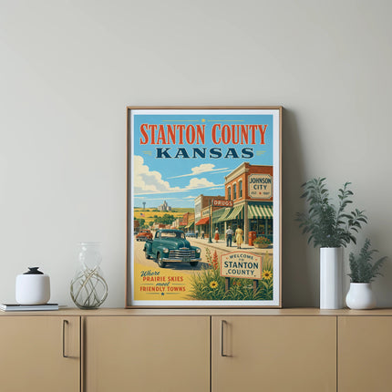 Vintage travel poster for Stanton County, Kansas, featuring Johnson City.