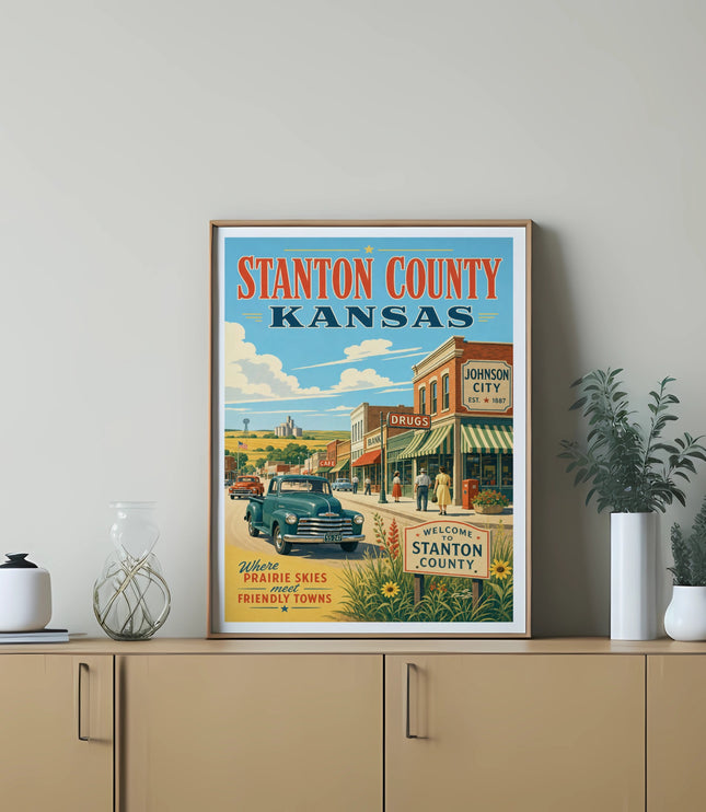 Vintage travel poster for Stanton County, Kansas, featuring Johnson City.