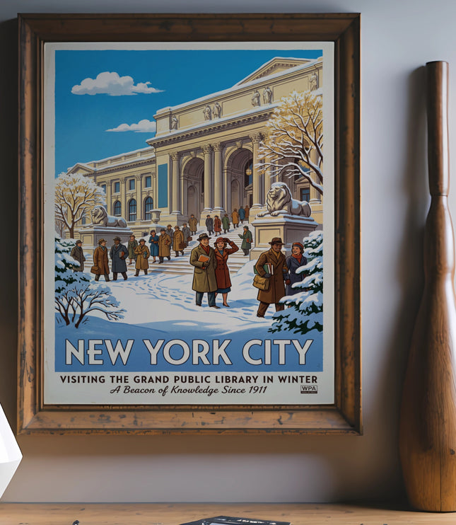 New York City poster of Grand Public Library in winter with people and lions.