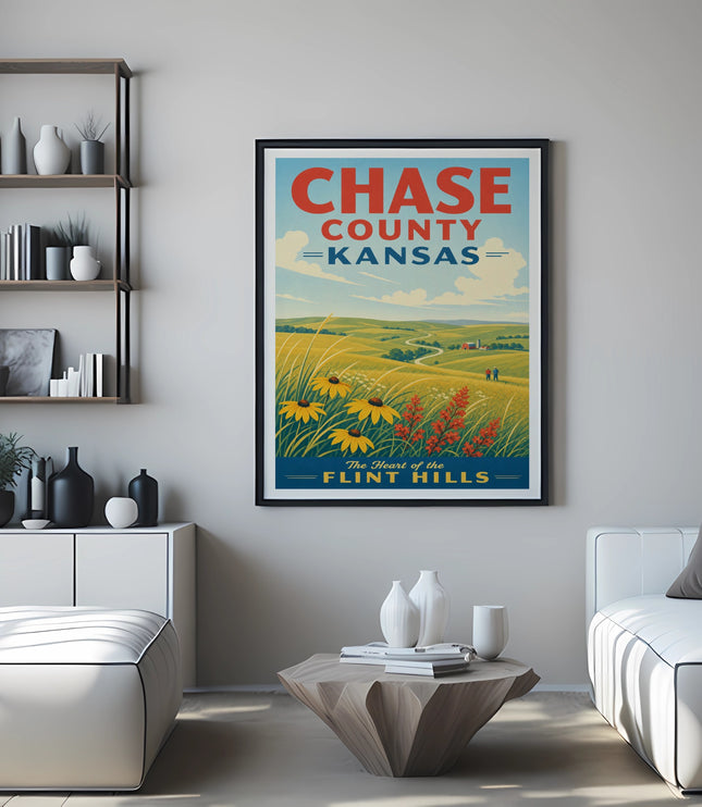 Vintage travel poster for Chase County, Kansas, depicting rolling hills and fields.