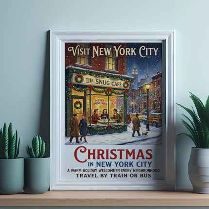 Vintage New York City Christmas poster with "The Snug Café" and "Christmas in New York City" text.