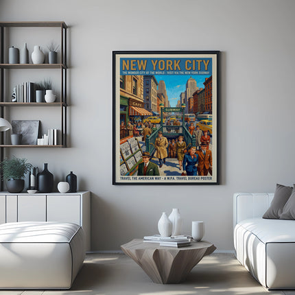 New York City subway travel poster featuring a street scene.