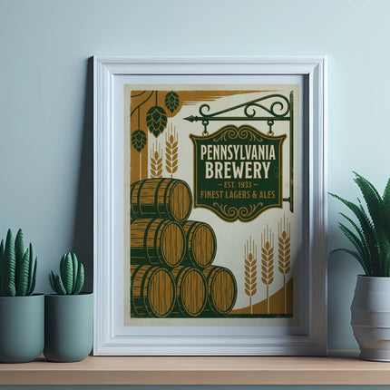 Pennsylvania Brewery sign and barrels framed on a shelf with plants.