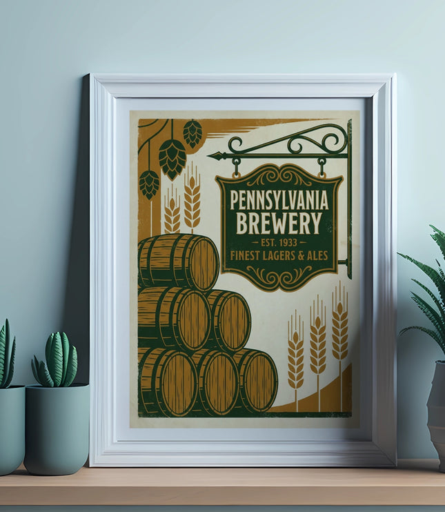 Pennsylvania Brewery sign and barrels framed on a shelf with plants.
