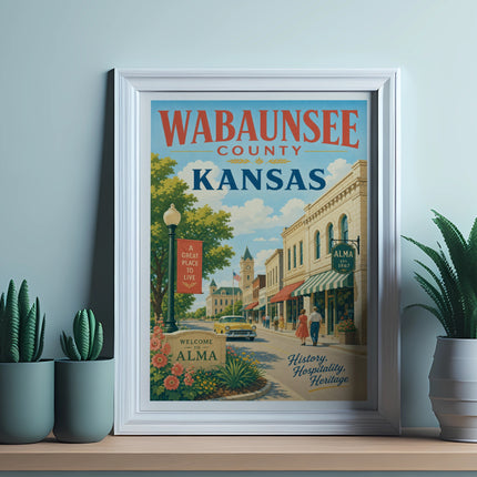 Wabaunsee County, Kansas, Alma town scene with buildings, people, and a sign.