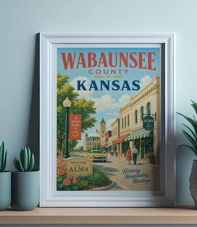 Wabaunsee County, Kansas, Alma town scene with buildings, people, and a sign.