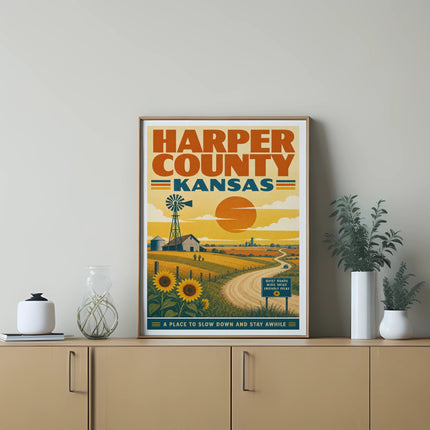 Harper County Kansas travel poster with windmill, sunflowers, and scenic road.