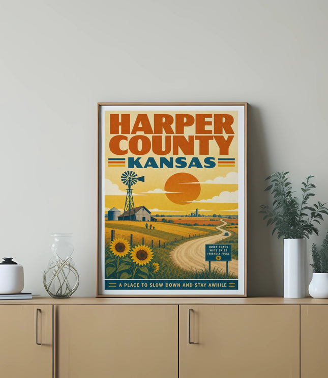 Harper County Kansas travel poster with windmill, sunflowers, and scenic road.