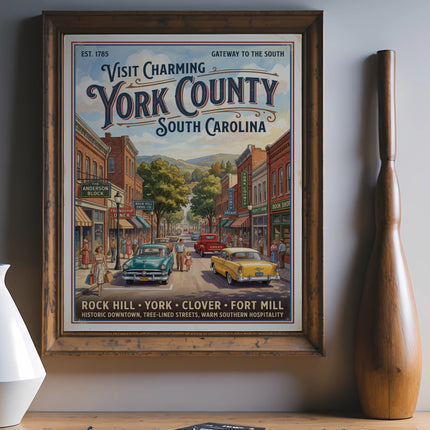 Vintage poster of York County, South Carolina with historic downtown street scene.