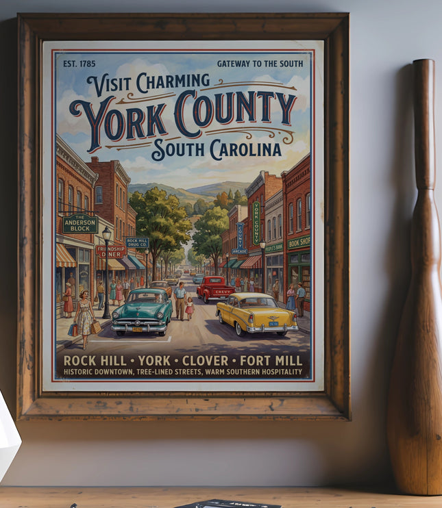 Vintage poster of York County, South Carolina with historic downtown street scene.