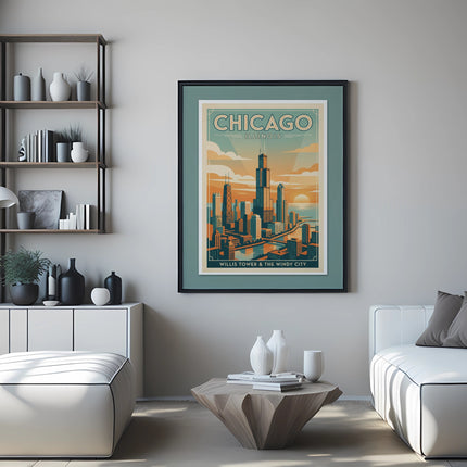 Chicago skyline art print with text "Chicago Illinois Willis Tower & The Windy City".