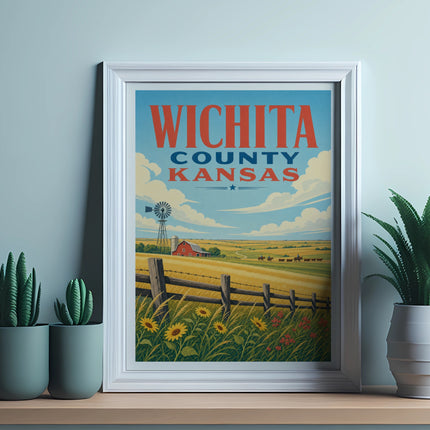 Wichita County Kansas poster featuring a windmill, farm, and sunflowers.