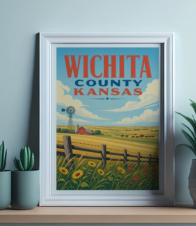 Wichita County Kansas poster featuring a windmill, farm, and sunflowers.