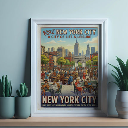 Vintage "Visit New York City" poster with crowds in a park and cityscape.