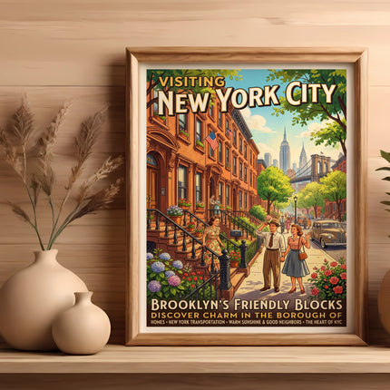 Vintage poster for visiting New York City, featuring brownstones and skyline.