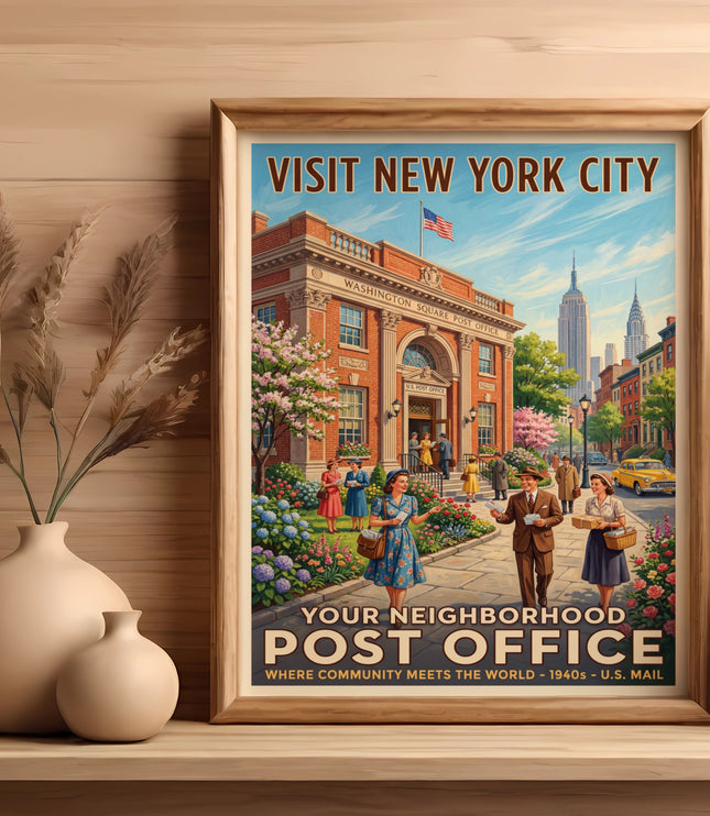 Vintage poster of Washington Square Post Office with text "Visit New York City" and "Your Neighborhood Post Office".