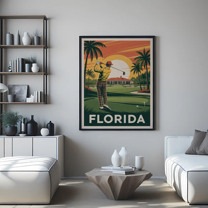 Golf scene in Florida with a golfer swinging, framed poster on wall.