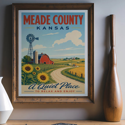 Meade County Kansas poster with windmill, barn, sunflowers, and text.