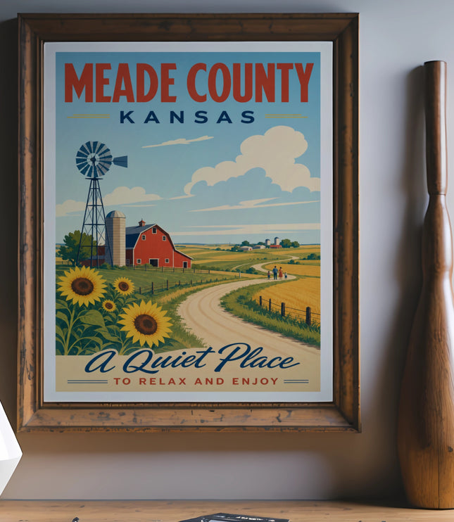 Meade County Kansas poster with windmill, barn, sunflowers, and text.