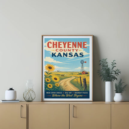 Cheyenne County Kansas vintage travel poster with sunflowers and windmill.