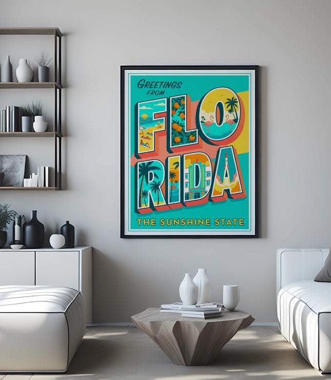 "Greetings from Florida The Sunshine State" postcard art in a black frame.