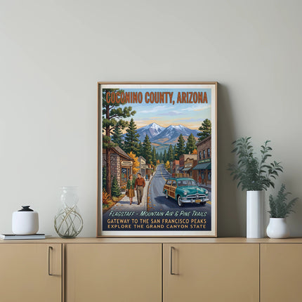 Coconino County, Arizona travel poster featuring Flagstaff and San Francisco Peaks.