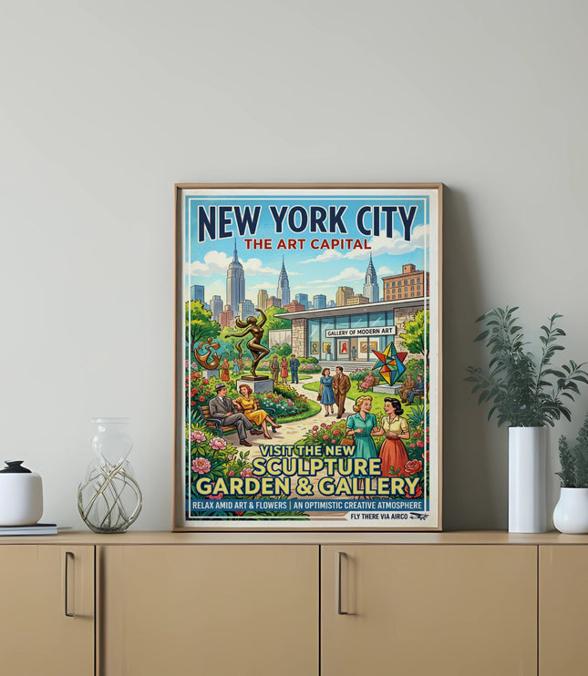 New York City, the Art Capital, sculpture garden and gallery vintage poster.