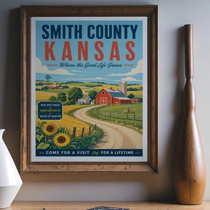 Smith County Kansas vintage travel poster with farm scene and text.