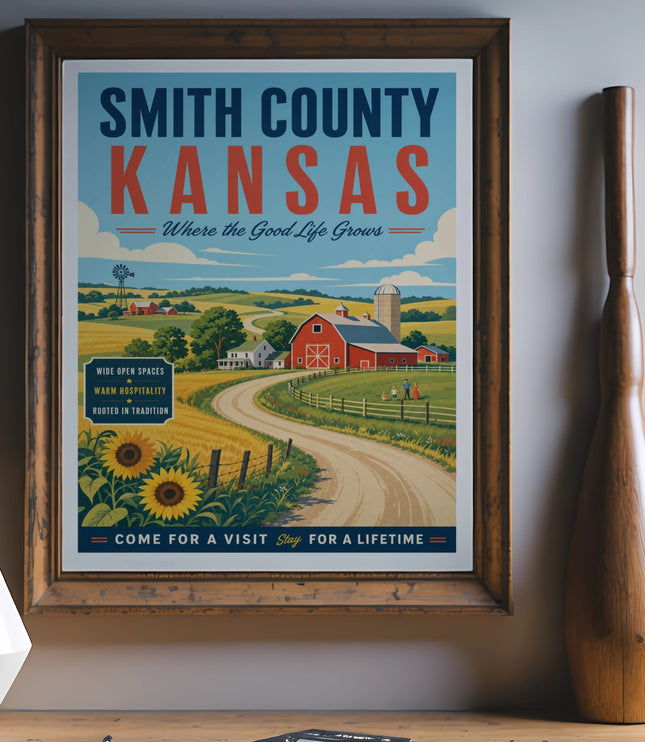 Smith County Kansas vintage travel poster with farm scene and text.
