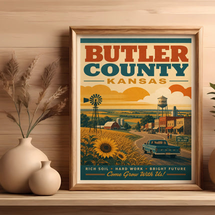 Poster for Butler County, Kansas, with farm, town, and text.