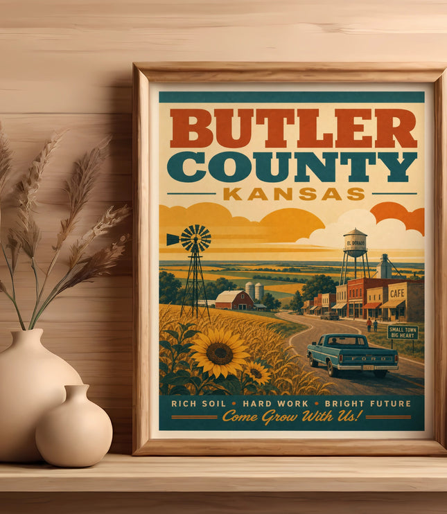 Poster for Butler County, Kansas, with farm, town, and text.