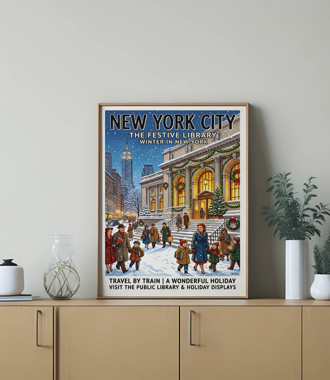 New York City, The Festive Library Winter in New York vintage travel poster.