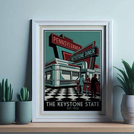 Keystone Diner retro art print with two figures and checkerboard floor.