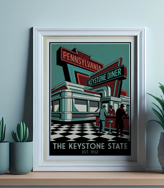 Keystone Diner retro art print with two figures and checkerboard floor.