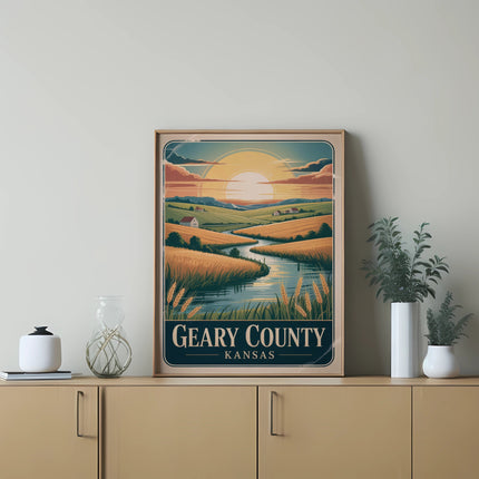 Vintage art print of a serene river winding through golden fields in Geary County, Kansas.