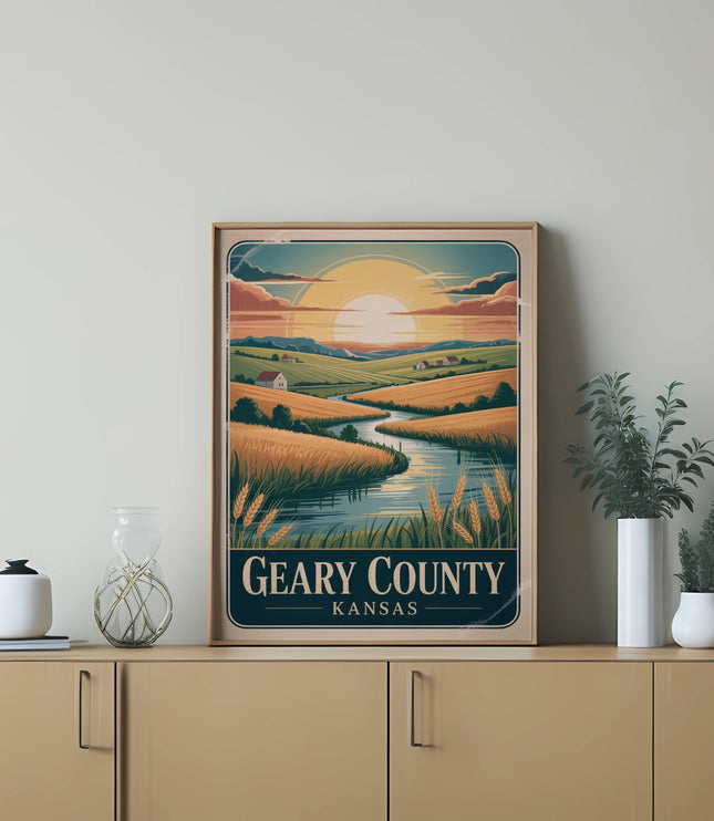 Vintage art print of a serene river winding through golden fields in Geary County, Kansas.