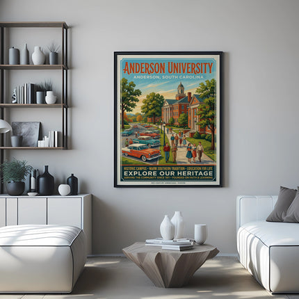 Anderson University poster showing historic buildings, cars, and people.