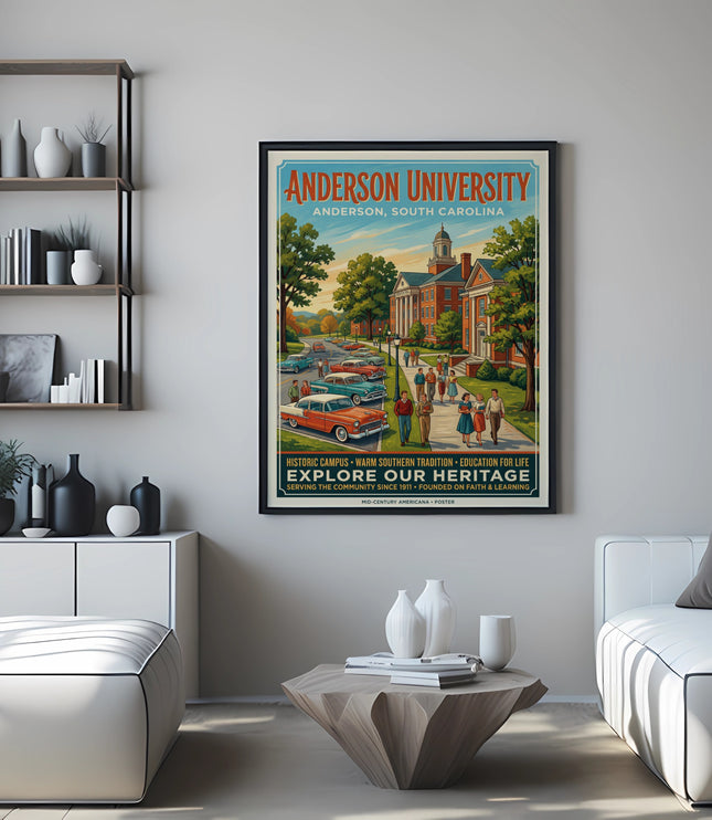 Anderson University poster showing historic buildings, cars, and people.