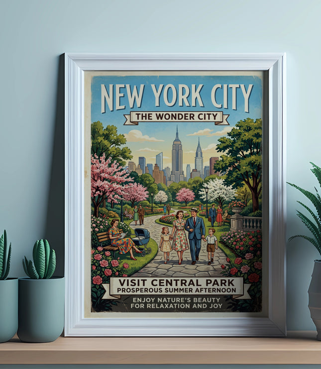 Vintage New York City Central Park poster with families and skyline.